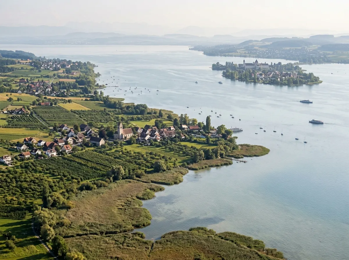 Bodenseeufer im Thurgau mit Schilf, Steg und Segelbooten