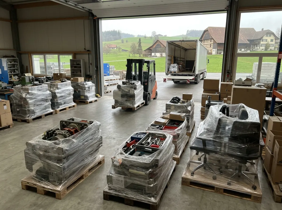 Verpackte Büromöbel und Archivboxen in einem hellen Gewerbegebäude