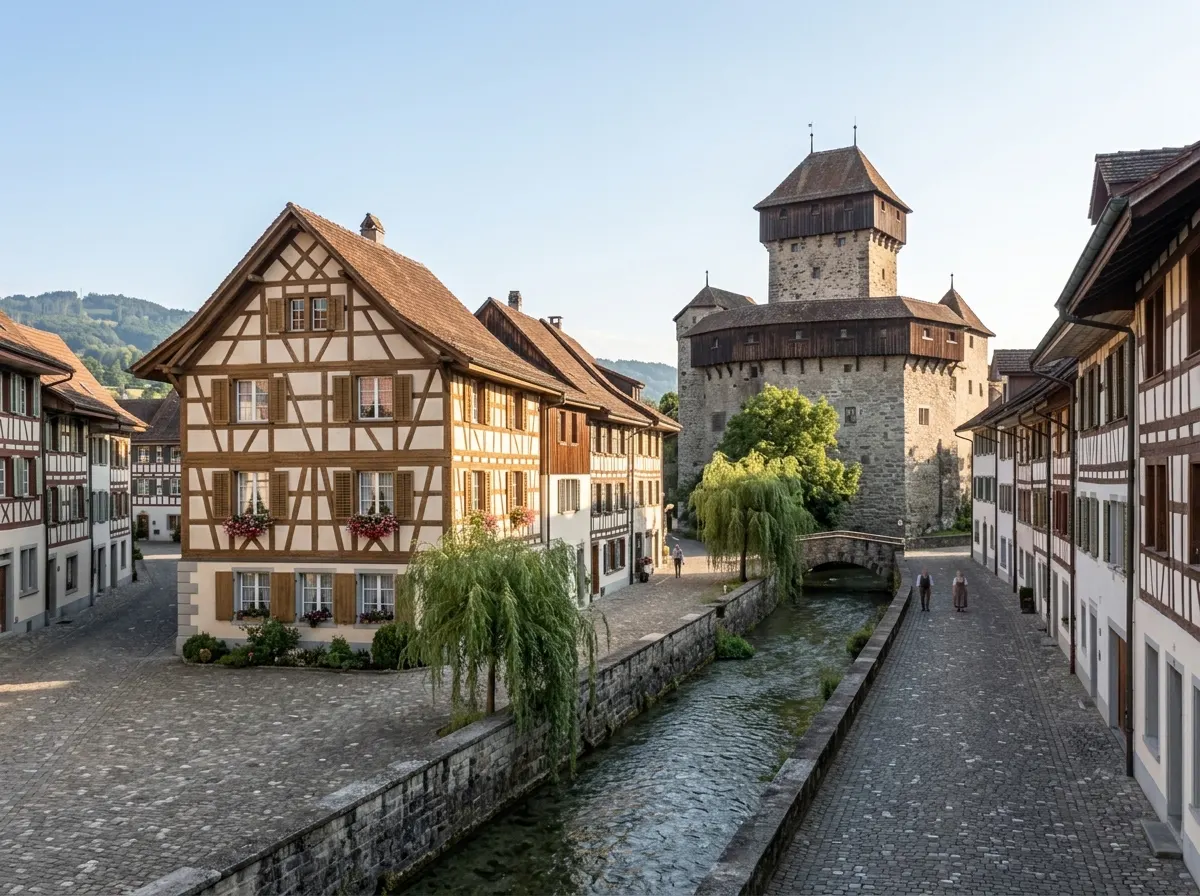 Schloss Frauenfeld an der Murg mit Altstadthäusern