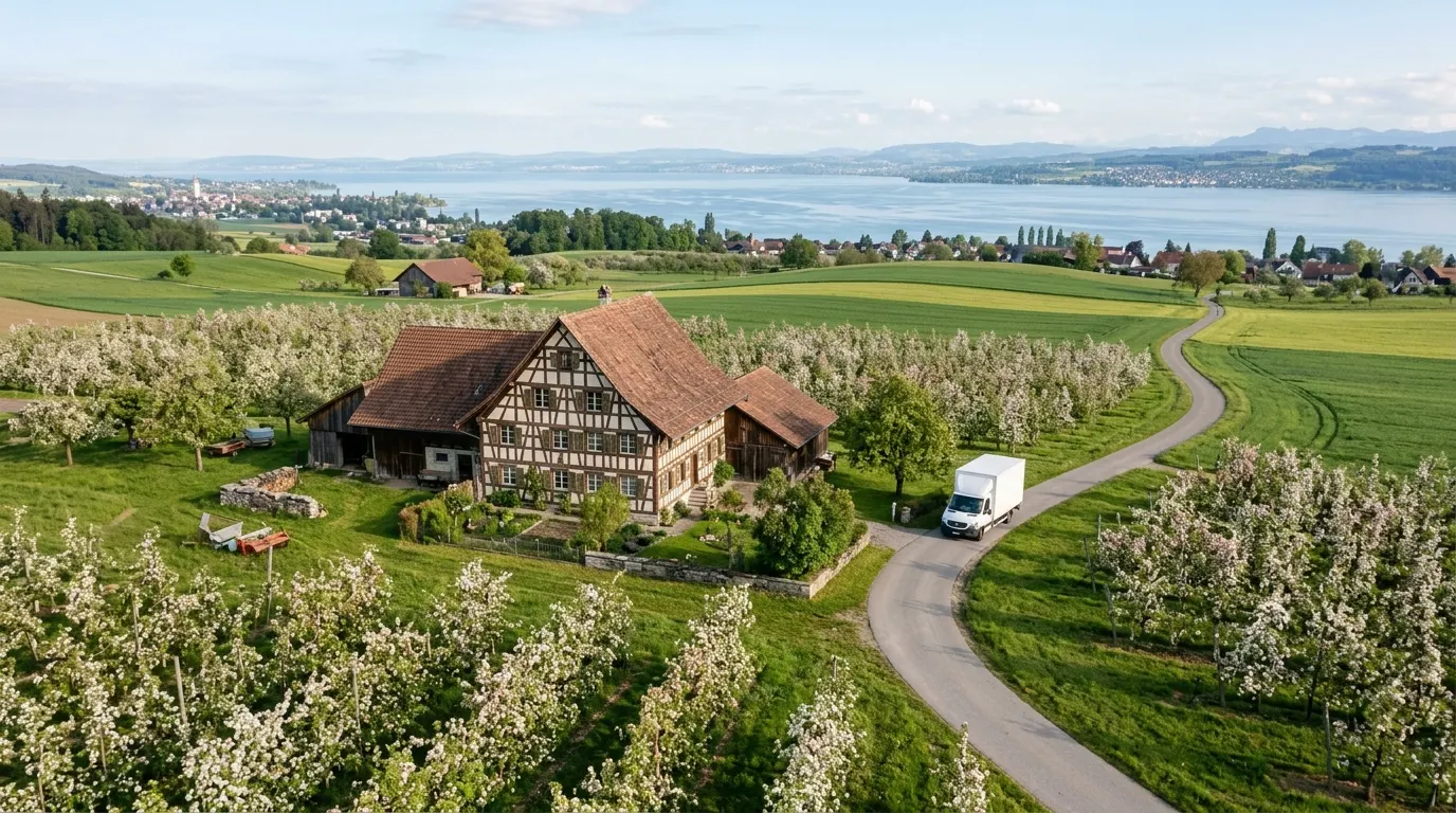 Thurgauer Obstgarten mit blühenden Apfelbäumen und Blick auf den Bodensee