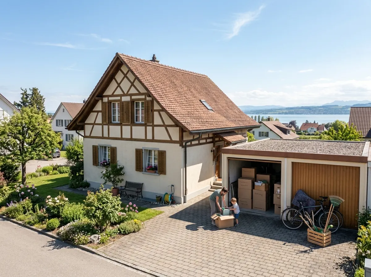 Umzugskartons und Möbel vor einem Thurgauer Einfamilienhaus mit Garten
